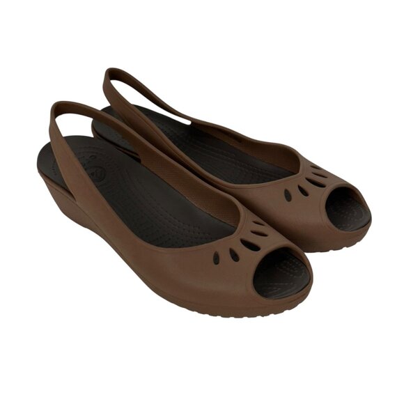 Crocs Womens Brown Open Toe Wedge Slingback Sandals Size 10 - Picture 12 of 13